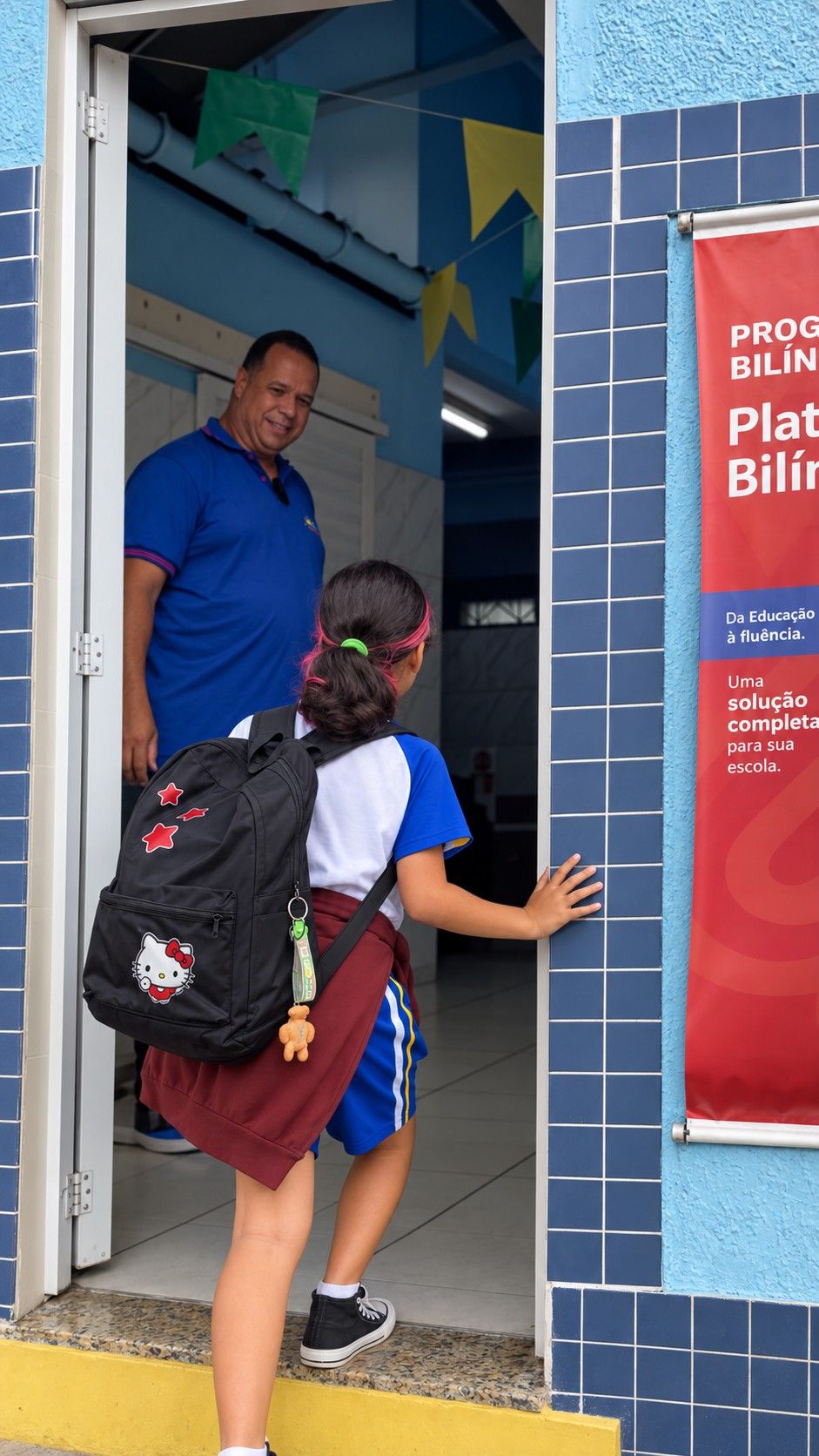 Entrada da escola em dia de aula, com aluna e coordenador na porta